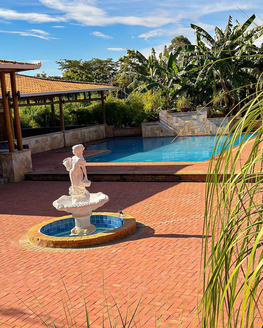 Piscina ampla com fonte e jardim tropical